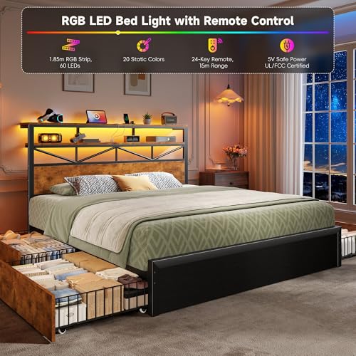 Image of Homkdom Queen Bed Frame with Large 4 Drawers, 2-Tier Shelf, LED Light and Charging Station, Heavy Duty Platform Bed with 880 lbs Capacity, Easy Assembly,Vintage Brown