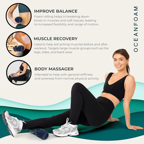Oceanfoam Ripple Travel Foam Roller (11\" x 3.35\") Firm Mini Foam Roller for Physical Therapy, Deep Tissue Massage, Back Pain - High Density, Wave Textured - Yoga (Dark Navy, Hunter & Seafoam Marbled) - Thumbnail 5
