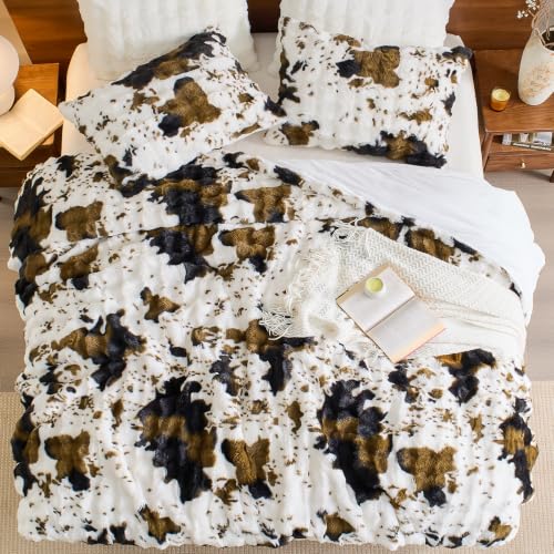 Image of EMME Fluffly Faux Rabbit Fur Bubble Comforter Set Twin, Cow Print