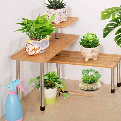 Ollieroo Upgarde 3 Tier Desktop Organizer Office Kitchen Corner Shelf Unit Spice Rack Adjustable Bamboo Storage Rack(No Hooks)