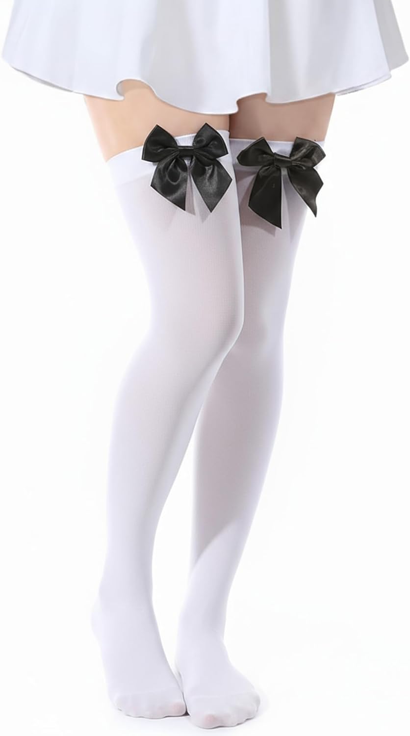 Syhood Halloween Thigh High Stockings with Satin Bow Women Extra Long Opaque Thigh High Socks over Knee for Daily Wear