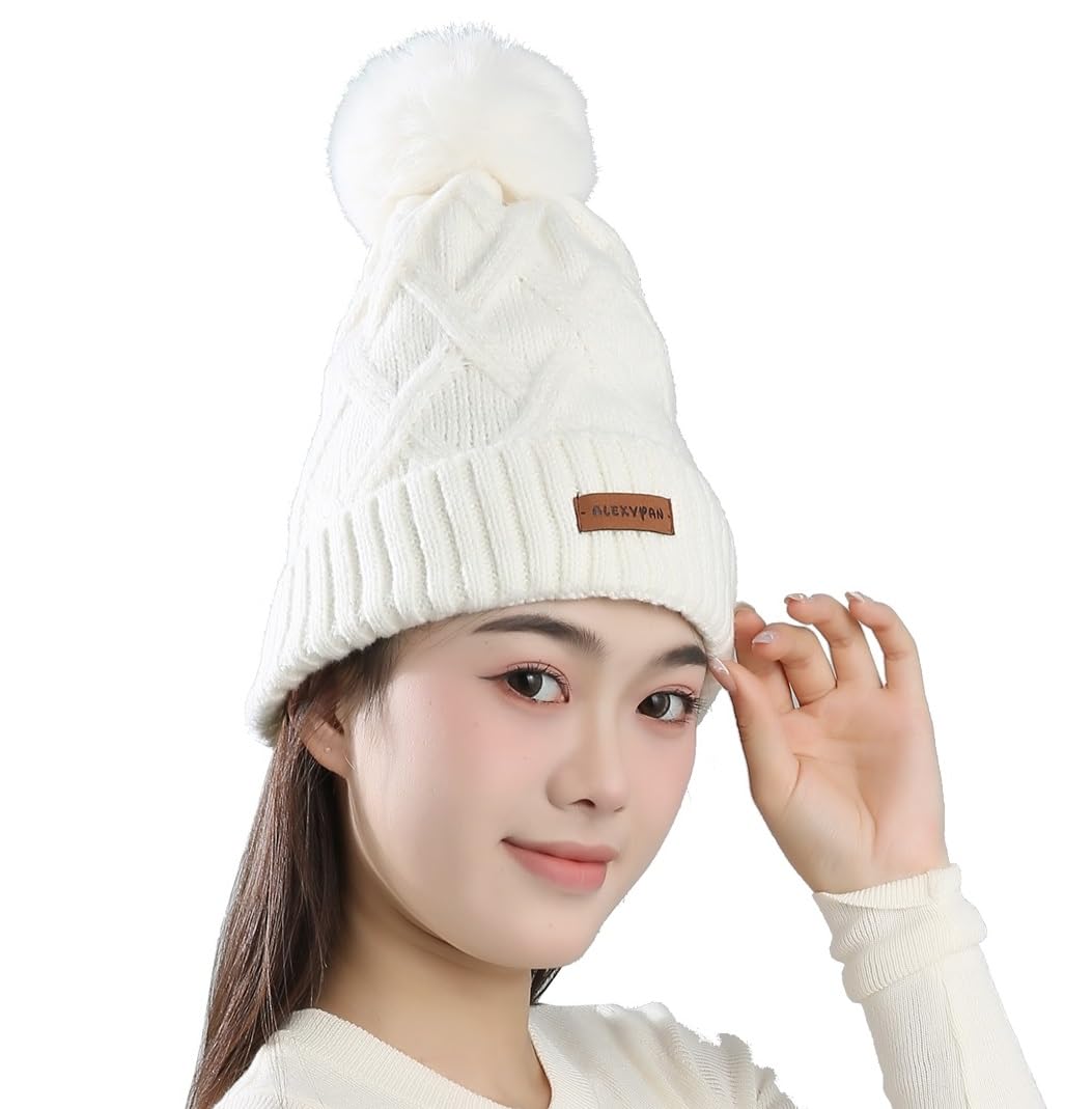 AlexvyanWhite Diamond Winter Warm Snow Proof -20 Degree Knitted Ball Cap (Inside Fur) Woolen Beanie Cap for Ladies Women Girl