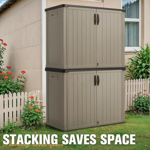 Image of Greesum Outdoor Storage Cabinet 30 CuFt, Resin Large Storage Box Weather Resistance with Lockable Doors, Easy to Assemble, Horizontal Storage Shed for Garden, Patio, Backyard, Beige (Without Shelf)