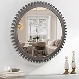 DUQIMO Round Wall Mirror 24 Inch, Decorative Wooden Framed Circle Mirror, Industrial Cog Hanging Mirror for Bathroom Living Room Office or Hallway, Rustic Grey