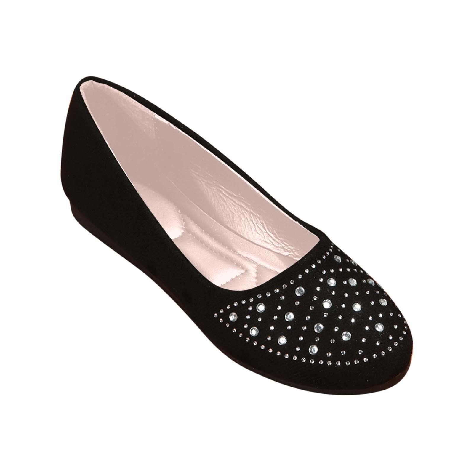 Women Rhinestone Round Toe Flats Soft Comfortable Arch Support Flats Memory Foam Insole Cushion Slip On Ballet Shoes