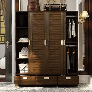 Aiegle 4 sliding doors wardrobe armoire with 3 drawers 591 wide large freestanding armoire wardrobe closet with shelves 3 hanging rods bedroom clothes storage cabinet organizer brown  urban country home decor