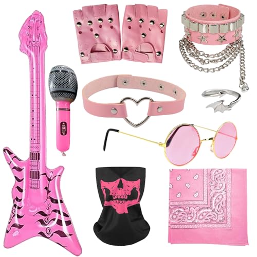 BDGYCK 9 Pièces Déguisement Rockstar, Costumes de Punk Rock Accessoires, Kit de Gothique Rocker pour Adulte Disco Carnaval Fête des Années 70 80 90 (Rose)