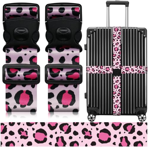 Image of Luggage Straps for Suitcases, Travel Adjustable Belt with Quick Release Buckle, Heavy Duty Nylon Bag Packing Strap, Unique Bright Identifiers Business Travel Accessories (2 Pack) - Pink Leopard