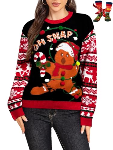 Image of Ugly Christmas Sweater for Women Funny Crewneck Knit Christmas Sweater for Family Pullover Long Sleeve Top