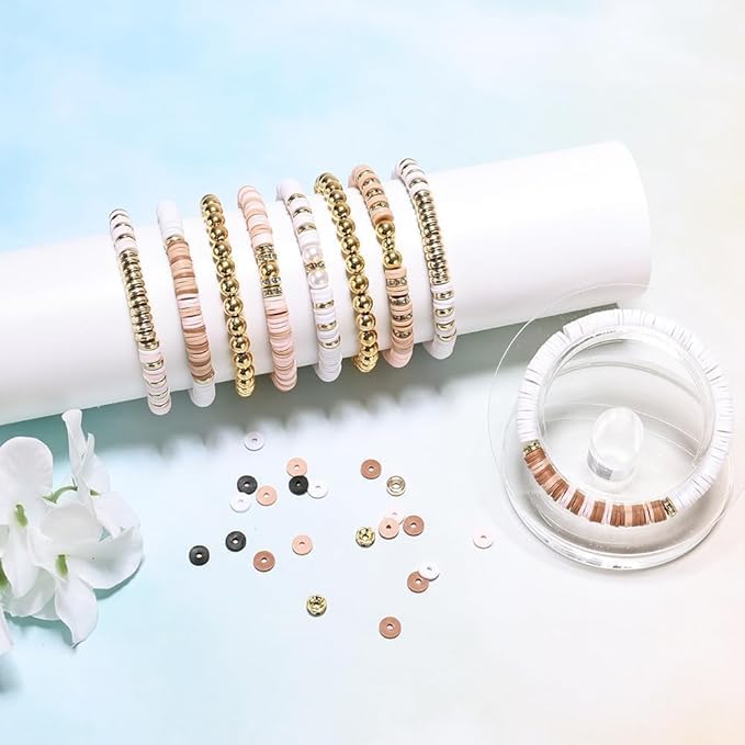 Image of DGOOLS Clay Disc Beads Jewellery Making Kit, 3000+ Pieces, Heishi Beads with Gold Spacers and Pearls, Pink White Nude Brown Colours