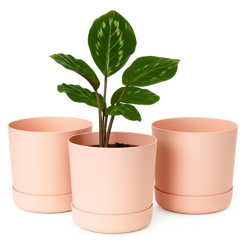 Home Garden Ornaments Plant Pots Indoor – Set of 3 Plastic Outdoor Planters with Drainage Holes and Saucer, Classy Decorative Flower Pots (15cm / 6inch – Pink)