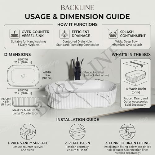Image of B Backline Ceramic Table Top Wash Basin /Counter Top Basin Sink /Wash Basin Art Basins For Bathroom 20 X 15 X 4.5 Inches (White)