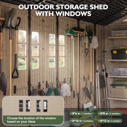 Image of Aoxun 8x12 Ft Outdoor Storage Shed with Lighe & Floor, Large Resin Outdoor Shed with Lockable Door & Windows, Garden HDPE Sheds for Lawn Tools, Pool Supplies & Bikes