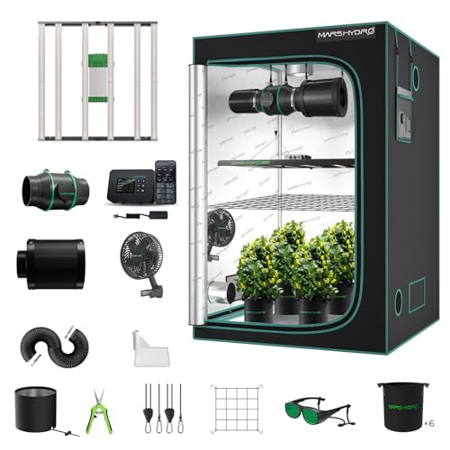 Mars Hydro 4x4 Smart Grow Tent Kit Complete System with Smart Controller 43,480W FC-E4800 Dimmable Light 2646Pcs LED,48'x48'x80' 1680D High Reflective Mylar,6inch Smart WiFi Control Ventilation Kit