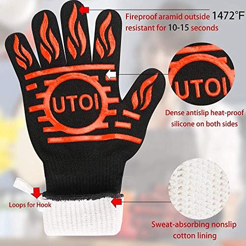 BBQ Grill Gloves, 1472รโยฐF Heat Resistant Barbecue Gloves Oven Mitts for Kitchen Garden BBQ Grilling and Outdoor Cooking Campfire, EN407 Certified, 1 Pair 13 inch Long Extra Forearm Protection