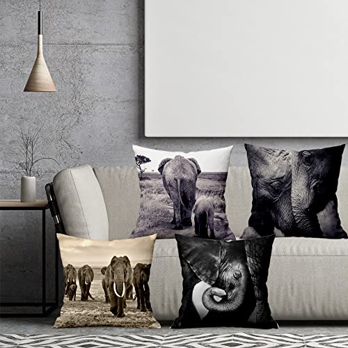 Arwomlo African Animal Elephants Decorative Pillow Covers 18X18 Set Of 4, Grey White Retro Zippered Pillow Cases Farmhouse Outdoor Decor Pillowcases Cushion Covers For Living Room Home Sofa Couch #TOP1