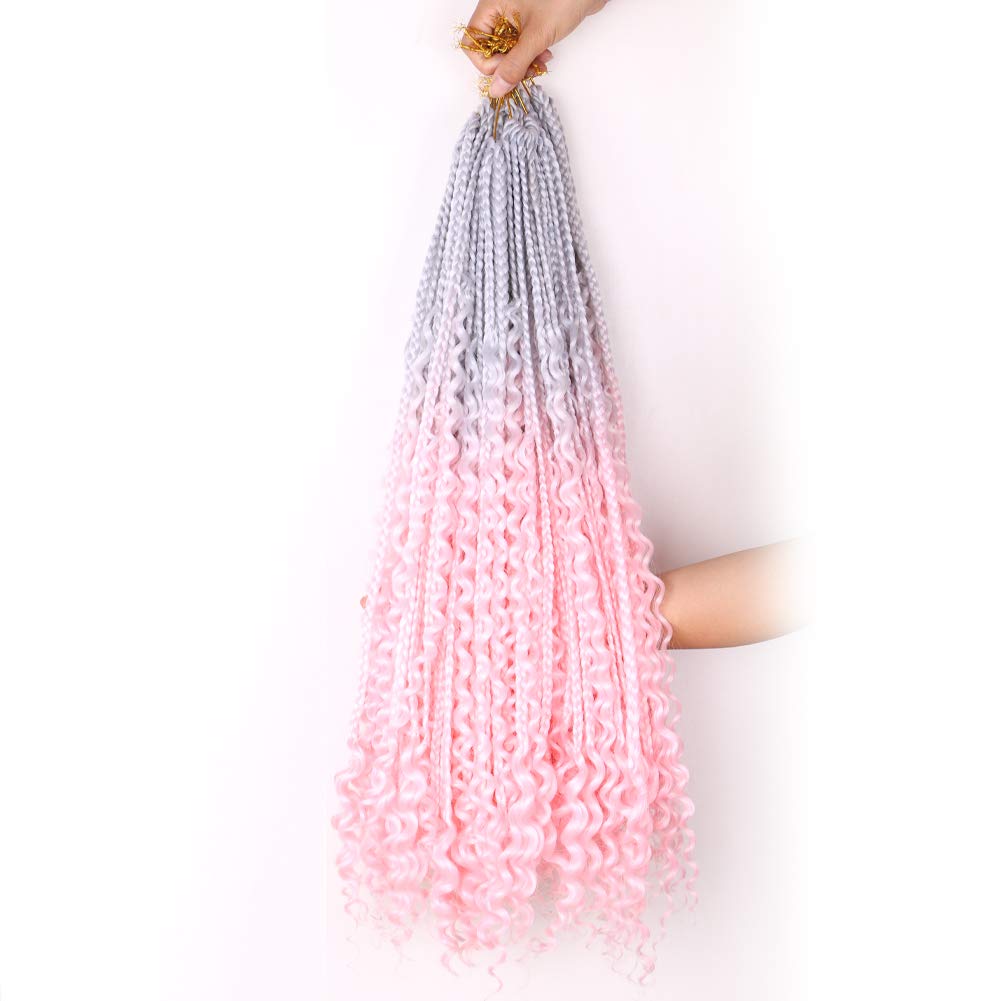 22 Inch Ombre Boho Box Braids Pre Looped Goddess Crochet Braids with Curly Ends 3 Packs Bohemian Braiding Hair Extensions for Women (Grey-Pink)
