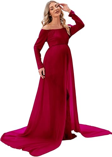 Miniatura 2 de ZIUMUDY Vestido de sesión de fotos de maternidad de manga larga con hombros descubiertos, vestido de encaje ajustado con capa larga de gasa trian