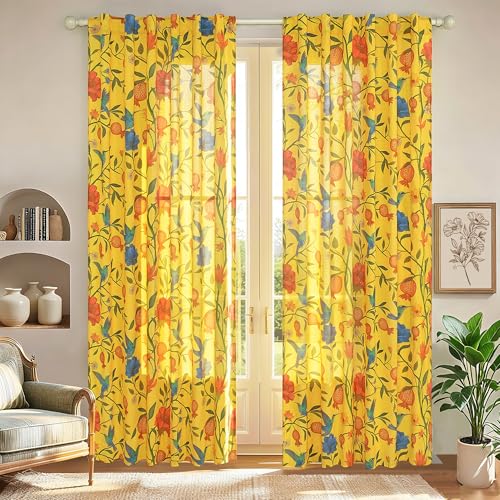JOOJA Mustard Yellow Floral Linen Curtains, Boho Whimsical Bird Print Curtains for Bedroom Window Colorful Patterned Sheer Curtains for Living Room Kitchen 2 Panels 96 Inches Long