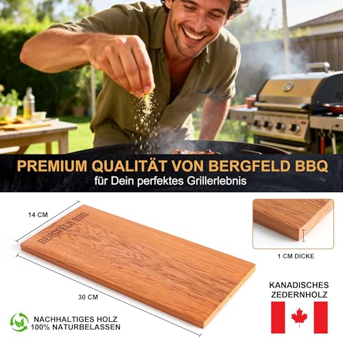 Bergfeld BBQ – 2 Stück Zedernholzbretter zum Grillen – 30x14x1 cm - Räucherbretter aus 100% kanadischem Western Red Cedar Holz – mehrfach verwendbar – für besonderes Grillaroma