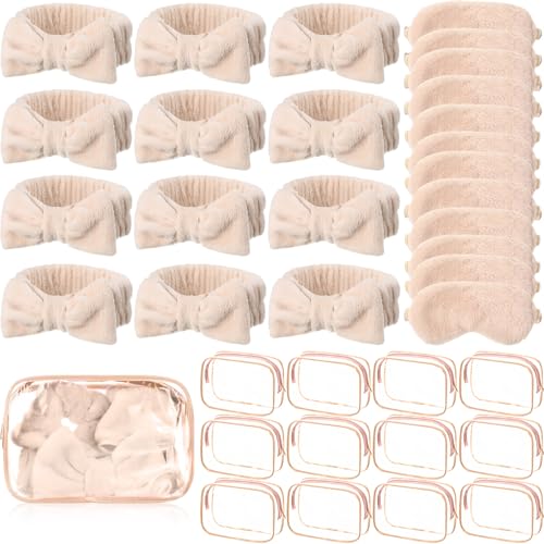 Hoteam 36 Pcs Sleepover Party Supplies 12 Spa Headband 12 Plush Sleep Eye Mask 12 Clear Cosmetic Bags Makeup Headband for Washing for Adult Spa Party Favor Graduation Beauty Gift(Beige)