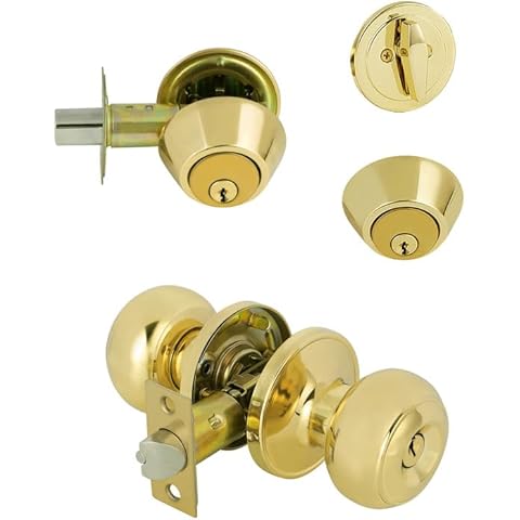 NIZADO 1 Set of Front Door Entry Knob Lockset and Single Cylinder Deadbolt Combination Set, Polished Brass Entry Handle and Deadbolt, Same Key Door Lock Combination Set. Cover