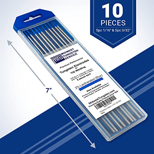 Image of Midwest Tungsten Service TIG Welding Tungsten Electrodes 10-Pack (Blue - 2% Lanthanated (WL20 /EWLa-2), 5pc 1 /16 inch & 5pc 3 /32 inch)