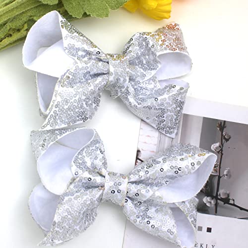 2 Pcs 6 Inches Sequins Large Bows Alligator Hair Clip Hair Barrettes Accessories For Women Teens Girls Kids (Silver) #TOP3