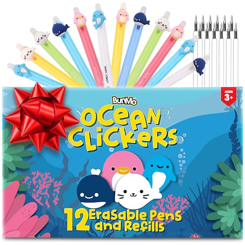 BUNMO Erasable Gel Pens 12 Pack w/Refills Included - Tween Stocking Stuffers Girls - Christmas Gifts for Girls - School Supplies - Erasable Pens for Smooth Writing & Drawing - Ocean Animals