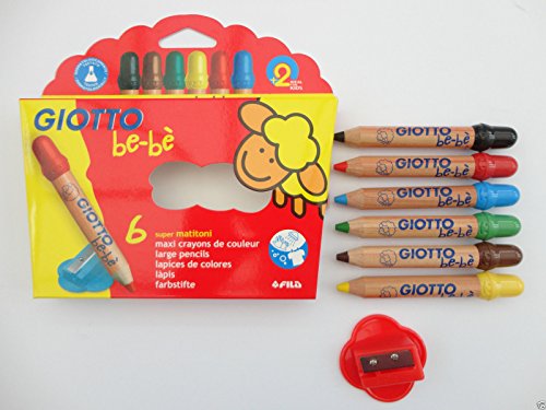 Giotto Be Be Jumbo Chunky Wood Colouring Pencil Crayons & Sharpener - 6 pack