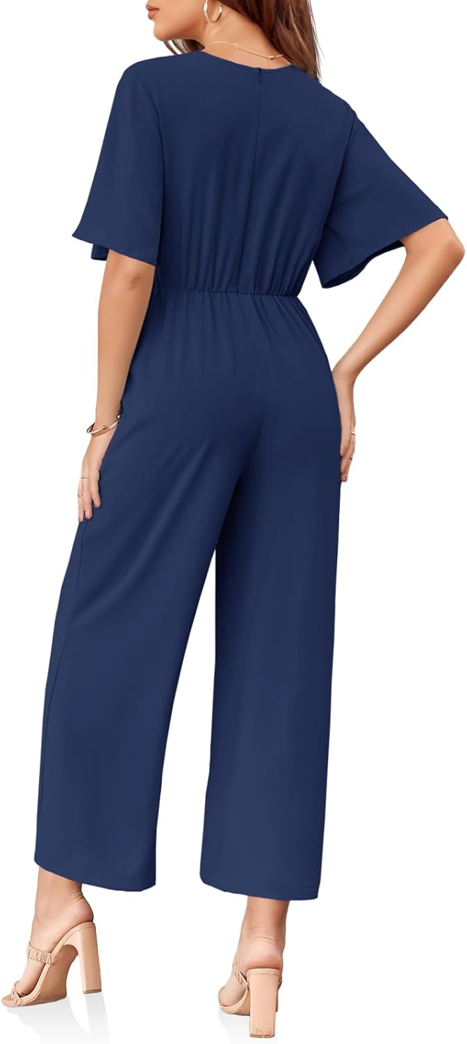 Cicy Bell Women's Elegant V Neck Jumpsuits Dressy Casual Short Sleeve Wide Leg Long Pants Rompers - Image 5