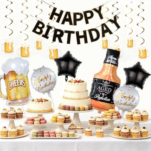 Image of Beer Cup Balloons Whiskey Bottle Beer Mug Shape Happy Birthday | Bunting Banner, Summer Party Decorations, For Women and Men, Hanging Swirls Banner