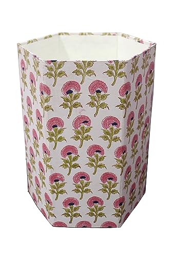 Image of Generic 3.3 Gallon Cotton Hand Block Printed Paper Waste Basket |Small Decorative Trash Can for Housewarming Gifts in Living Room, Bedroom, Bathroom | Eco-Friendly, Plastic-Free (1, PINK FLOWAR)