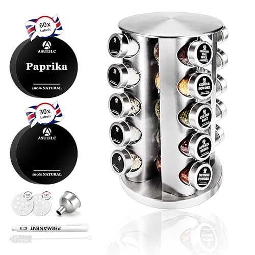 DSUID Spice Rack Standing Carousel with 20 Jars 100 ml, 360 Degree Rotating Stainless Steel Rack, Holder is Easy to Care and Suitable for Many Kitchen Styles,kitchen storage & organisation