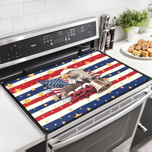 Image of 4th of July Themed Stove Cover 30 inchx21 inch Heat Resistant Multi-Functional Counter Protector Non-slip Waterproof Mat for Glass Stovetop Protector, American Flag Eagle Stripes
