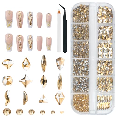 qiipii 2052Pcs Champagne Gold Nail Rhinestones 72 Multi Shapes Golden Rhinestones for Nails Flatback Nail Gems +1980 K9 Glass Round Beads Stones Diamonds Nail Charms Art for Nails Faces Eyes Crafts