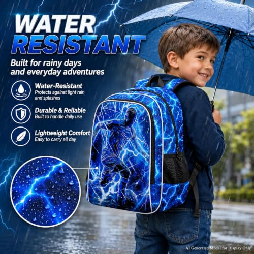 Image of 3Pcs Soccer Backpack for Boys, Lightning Kids Bookbag with Lunch Box, 17 inch School Backpacks for Elementary Preschool Kindergarten (Blue)