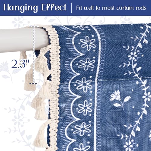 Image of Yinhua Boho Kitchen Curtains 36 Inch Length Vintage Linen Cafe Curtains Light Filtering Bohemian Floral Tier Rod Pocket Farmhouse Rustic Tassel Small Drapes with Tiebacks, 2 Panels, Blue