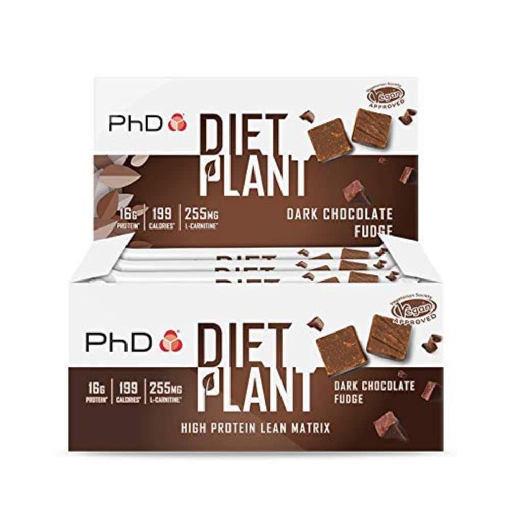 PhD Nutrition| Diet Plant Protein bars| 100% Plant Based| Pea & Soya Protein Blend with L-Carnitine & Green Tea Extract| Vegan friendly| Gluten & Dairy free| Dark Chocolate Fudge flavour| 12 bars