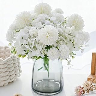 Artificial Hydrangea Flower Stems - Fluffy Bloom Bundle for Vase Arrangements, Home & Table Decor (White)
