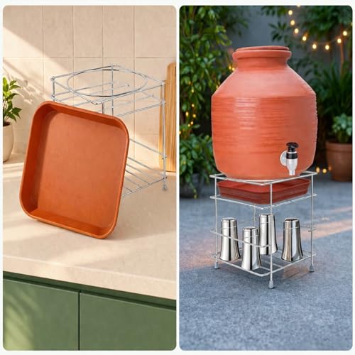 Image of Water Pot Stand for Kitchen | Stainless Steel Matka Stand with Glass Holder Tray | Heavy Duty Water Camper Stand for Home & Office | Suitable for Earthen Pot & Water Dispenser Rack