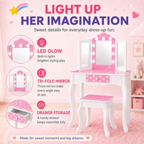 Image of Teamson Kids - Fashion Polka Dot Prints Gisele Play Vanity Set with LED Lights - Pink /White | For Girls, Makeup Table with Stool and Drawer, Pretend Beauty Toy Furniture, For Toddlers and Children