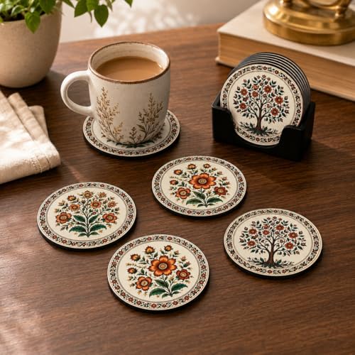 Image of Zesta Coasters for Cups Set of 6 / Wooden Coasters for Bar Accessories for Home /Tea Coaster Set of 6 / Waterproof Dining Table Decor Glass Cover (Floral, Circle)