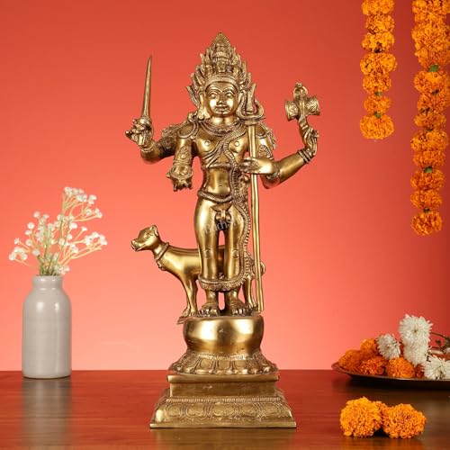 Mridaya Divine Kala Bhairava Statue with Dog – 43 cm Big Brass Bhairava Statue Golden Brass Finish Kaal Bhairav Idol for Protection