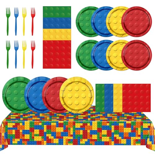 Building Block Party Supplies 61pcs Block Party Decorations Tableware Include Building Block Plates and Napkins Tablecloth Forks for Building Block Birthday Party Supplies Serve 20