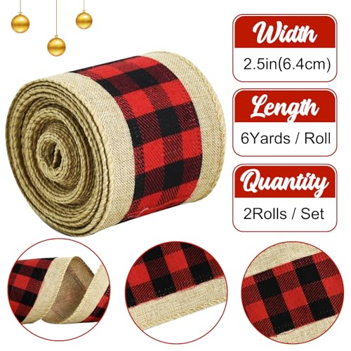 TONIFUL 2 Rolls-2.5 Inch Black and Red Plaid Check Burlap Ribbon - Image 2