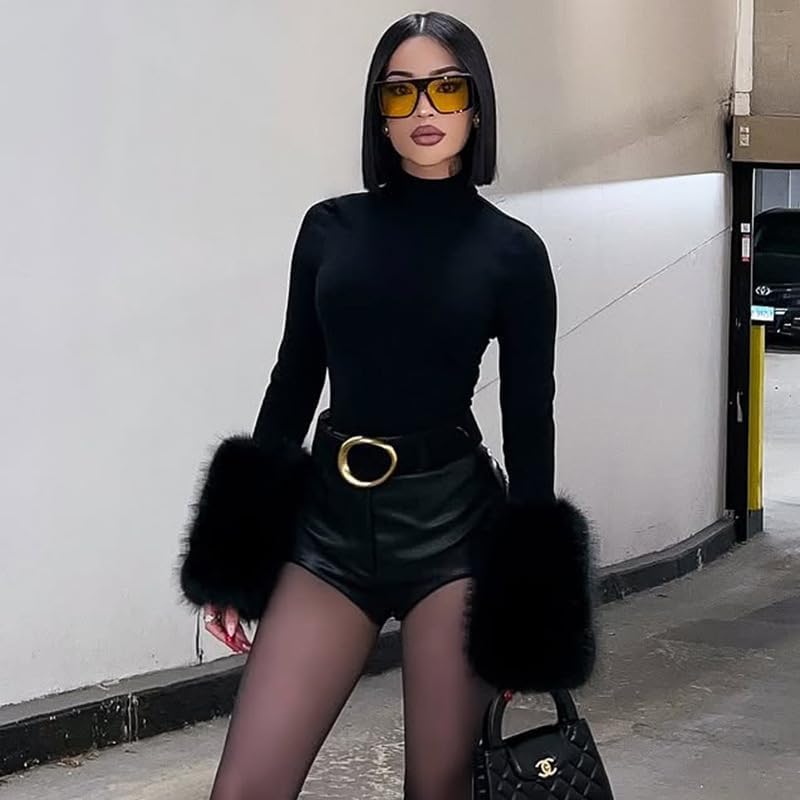 THLAI Black Bodysuits for Women Mock Neck Faux Fur Cuff Long Sleeve Body Suits Going Out Tops Sexy Club Outfits Romper - Image 5