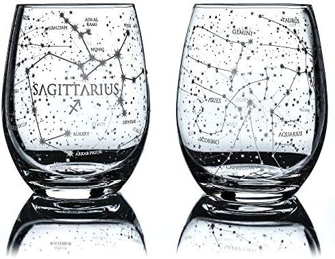 Greenline Goods Sagittarius Stemless Wine Glasses Zodiac Sagittarius Set Hand Etched 15 oz (Set of 2) - Astrology Sign Glassware