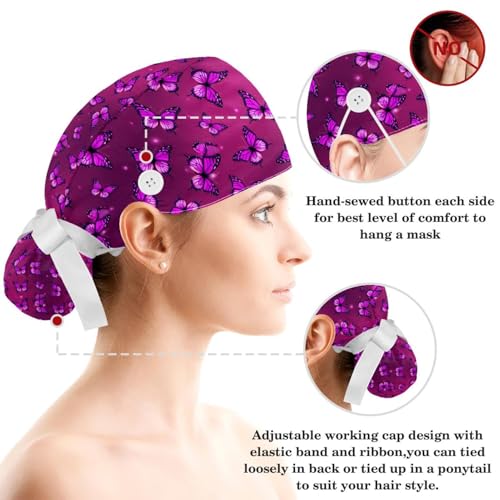 Image of Colored Butterflies Scrub Caps Women Ponytail, Adjustable Bouffant Surgical Caps with Button, Nurse Hats Long Hair