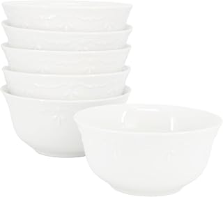 Elama Henryi 6 Piece Embossed Rim Detail Porcelain White 6.1 Inch Bowl Set, Tableware Set, Serveware (6 Pc Bowl)